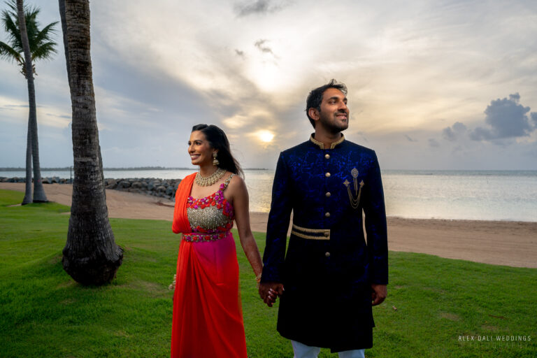 Indian wedding couple at their sangeet celebration at Hyatt Grand Reserve in San Juan